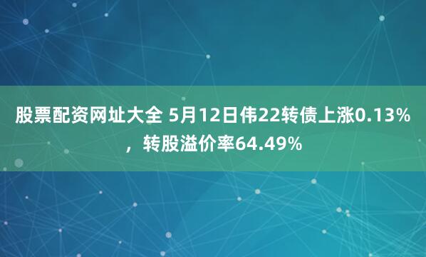 股票配资网址大全 5月12日伟22转债上涨0.13%，转股溢价率64.49%