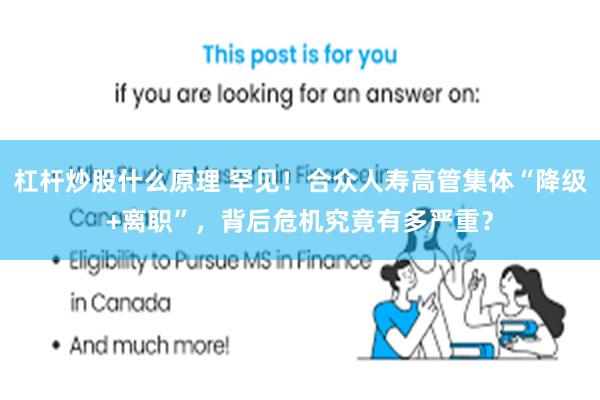 杠杆炒股什么原理 罕见！合众人寿高管集体“降级+离职”，背后危机究竟有多严重？